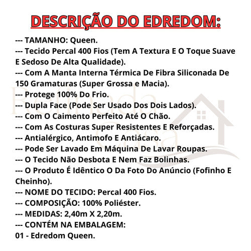 Edredom Queen Percal 400 Fios Grosso Super Casal Tamanho Hotel